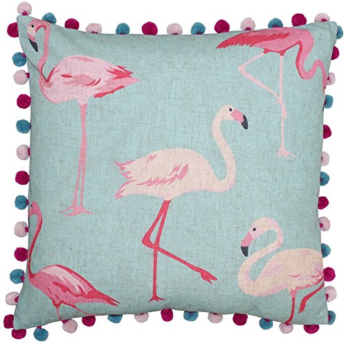"Riva Paoletti Flamingo Square Cushion Cover - Flamingo Print on Linen Fabric - Pompom Edges - Hidden Zip Closure - Duck Egg Blue and Pastel Pink - 100% Polyester - 50 x 50cm (20"" x 20"" inches)"