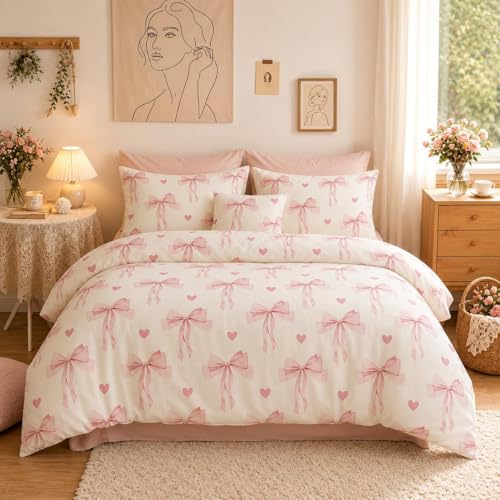Erwinmu Pink Bow Comforter Set Queen Size - 3 Pieces Pink White Heart Comforter Bedding Sets Reversible Pattern,Queen Bed in a Bag for Girls Comforter and 2 Pillowcases