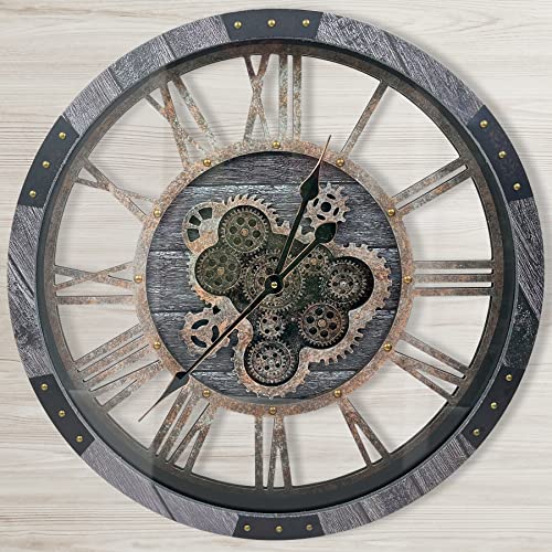 DORBOKER Real Moving Gears Wall Clock, Large Wall Clock for Living Room Kitchen (Carbon Grey Wood-bronze Gears, 60cm / 24 inch)