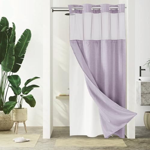 Gibelle Stall Small Shower Curtain 36x74, Cloth Shower Curtain with Snap-in Fabric Liner Set, No Hooks Needed, Hotel Style with Mesh Top Window, Lavender