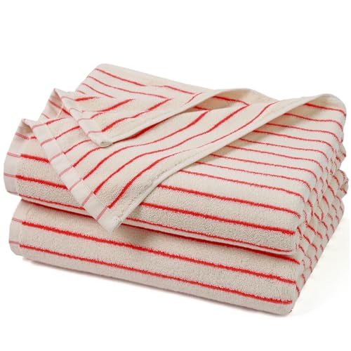 Striped Bath Towels Set of 2 (Coral Red), Lighter & Quick Dry Towels - Large 27.5 x 55 inches, Farmhouse for Bathroom Decor, Shower, Pool Days