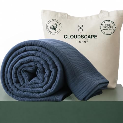 "CLOUDSCAPE 4 Layer Muslin Blanket for Adults, 100% Cotton Blanket King Size, 92"" x108'' Fits Up to Cal King, Ultra Soft Lightweight Bedding, Breathable Gauze Cotton Summer Blankets - Ensign Blue"