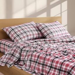 Linen Closet 160 GSM 100% Cotton Percale Sheet Set King Crimson Raven Tartan