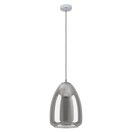 Eglo Pendant Lighting Alobrase, Ceiling Light Fitting, Hanging lamp for Dining Room Made of Chrome-Coloured Metal and Smoked Glass in Transparent Black, E27 Socket, Ø 11.8“