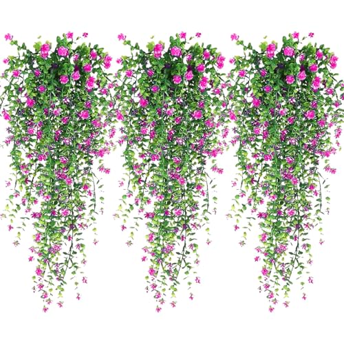 Artificial Hanging Flowers, 3 Pcs Fake Hanging Plants, Artificial Vines for Outdoors, Fake Ivy Vine UV Resistant No Fade Faux Plants for Indoor Decoration Outside Garden Patio Yard Greenery Decor