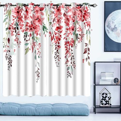 EOTDMS Red Watercolor Floral Curtains, 42x63 inch, 2 Panels - Botanical Leaves Vine Flowers, Rustic Farmhouse Style, Blackout Window Treatment, For Bedroom Living Room
