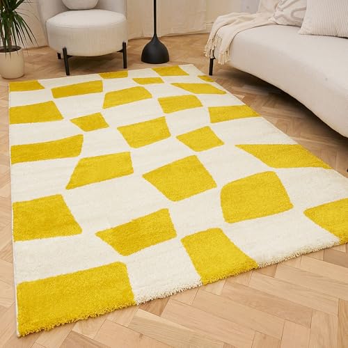 THE RUGS Joli Area Rug - Soft Dense Pile Modern Artistic Design, Durable & Easy Care Carpet for Living Room & Bedroom - Irregular Checkered Yellow & White, 200 x 290 cm