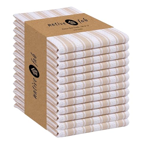Native Fab 100% Cotton Beige Kitchen Towels - 16x26 inches - Set of 12 - Basket Weave Stripe Dish Towels for Cleaning, Drying Dishes, Absorbent Dish Cloths Set with Hanging Loop - Beige White