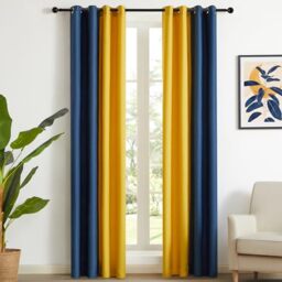 PRIMROSE Navy Blue Yellow Linen Curtains 108 inch Long for Living Room Set of 2 Panels Blackout Thermal Insulated Room Darkening Ombre Curtains Window Drapes for Bedroom Grommet
