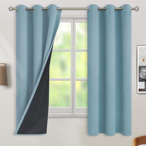 BGment Thermal Insulated 100% Blackout Curtains for Bedroom with Black Liner, Double Layer Full Room Darkening Noise Reducing Grommet Curtain (42 x 63 Inch, Greyish Blue, 2 Panels)
