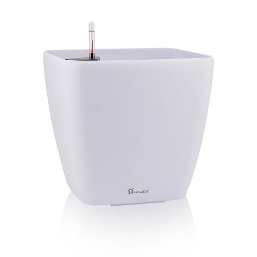 Dexceder 15x14 Self Watering Planter with Wheels Indoor Outdoor, Inner Mat Design, Thickened Large Floor Standing Flower Plant Pot with Water Level Indicator (White Matte)