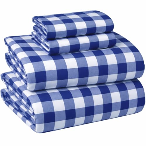 Briarwood Home?? Printed Flannel Sheet Set, 100% Natural Cotton, Soft, Warm & Deep Pocket, Advanced Nano-Tech Making it Resistance to Pilling Brushed 6 Times for Softness (Buffalo Navy Blue, Queen)