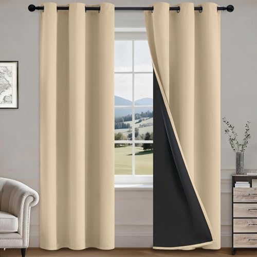 COSVIYA 100% Blackout Curtains for Bedroom with Black Liner, Full Light Blocking Thermal Insulated Grommet Window Treatment 84 Inches Length, Beige, 2 Panels