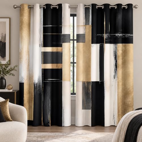 "Xioistiy Black and Gold Abstract Blackout Curtains, Boho Modern Aesthetic Grommet Window Drapes, Beige Cream Tan Brown Oil Painting Neutral Art Curtain for Bedroom Living Room 2 Panels, 52""X84"""