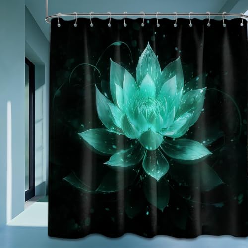 QGHOT Black and Teal Shower Curtain, 72x72 in, Lotus Flower Turquoise - Aqua Theme, Decorative Pattern Design, Unique Bathroom Decor, Waterproof Polyester Fabric, with Hooks