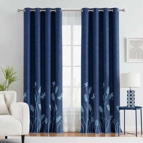 "Melodieux Wheat Embroidery Linen Textured Curtains for Living Room Bedroom, Farmhouse Floral Patterned Room Darkening Grommet Window Drapes, Blue Wheat/Navy, 52"" W x 84"" L, 2 Panels"