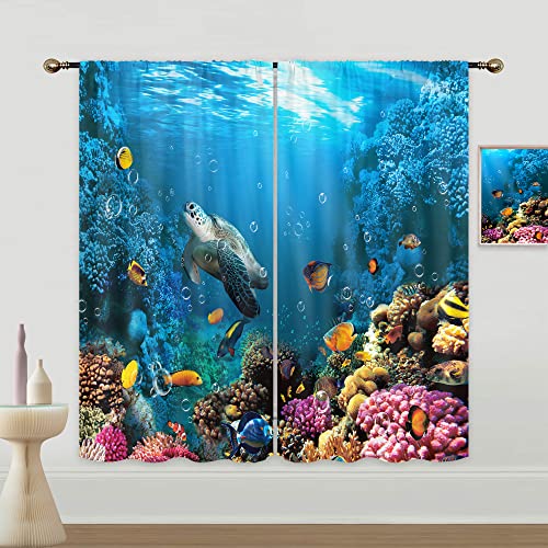 Mitpok Kids Ocean Sea Turtle Curtains for Bedroom 42Wx63H Inch Rod Pocket Tropical Beach Fish Coral Coastal Nautical Underwater World Marine Animal 2 Panels Window Treatment Set for Living Room Decor
