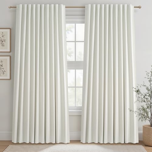 "Cute Blackout Curtains 60 Inches Extra Wide Linen 92 Inch Length for Living Room/Sliding Glass Door,Pleated Heavy Duty Thermal Drapes for Winter Thick Large Window(60""Wx92""L 2 Panels Beige White)"
