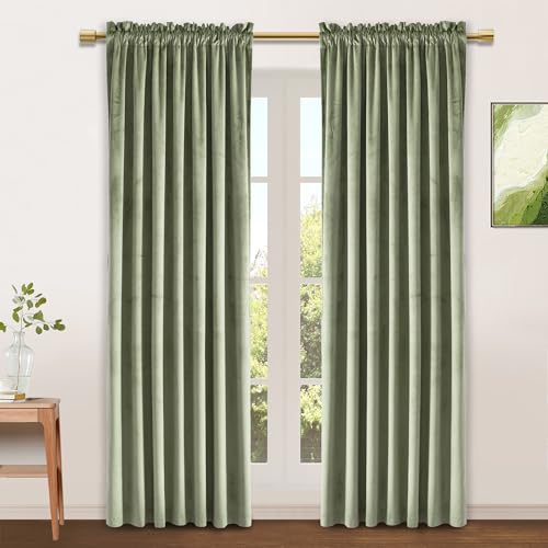 JIUZHEN Velvet Curtains 84 Inch Long???oft Retro Velvet Blackout Thermal Insulated & Noise Reducing Rod Pocket Curtains for Living Room, 60 x 84 Inches, 2 Panels with Tiebacks,Sage Green