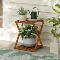 Furinno TIOMAN Patio Table, 2-Tier Outdoor Side Table, Toolless Multipurpose Folding Display Shelf, Plant Stand, for Patio, Garden, Porch, Light Wood