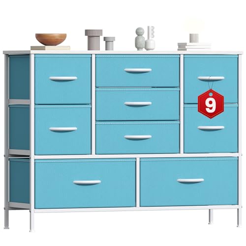GoaHi Chest of Drawers, Large Dressers with Metal Frame and MDF Wooden Top Board, Adjustable Feet, Anti-Tip Safety, Storage Unit with 9 Drawers for Bedroom, Living Room, Closet, Office Blue