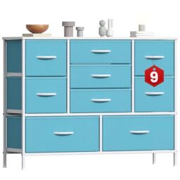 GoaHi Chest of Drawers, Large Dressers with Metal Frame and MDF Wooden Top Board, Adjustable Feet, Anti-Tip Safety, Storage Unit with 9 Drawers for Bedroom, Living Room, Closet, Office Blue