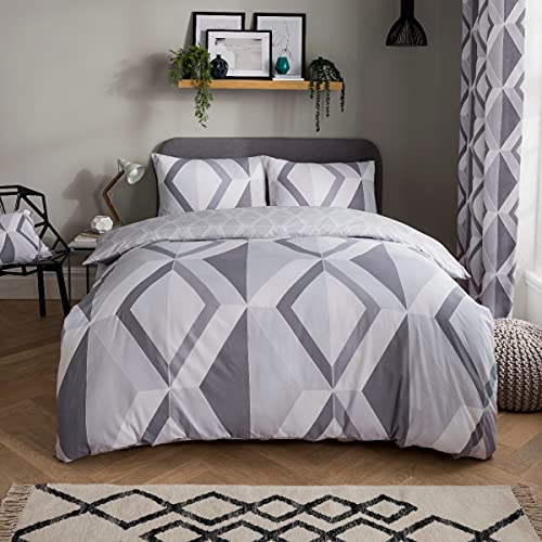 Sleepdown Large Diamond Geometric Reversible Duvet Cover Quilt and Pillow Cases Bedding Set Soft Easy Care, Polycotton, Grey, King (230 cm x 220 cm)