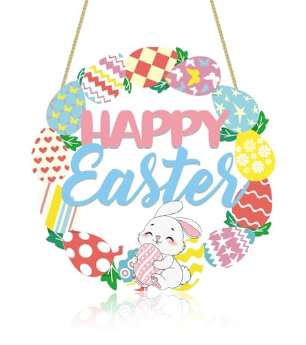 Happy Easter Decorations Sign, Bunny Eggs Wood Wreath for Front Door Sign Wall Signs Rabbit Spring Decoration, Hollow Bunny Sign Flower Egg Welcome Hanging (Bunny Egg)