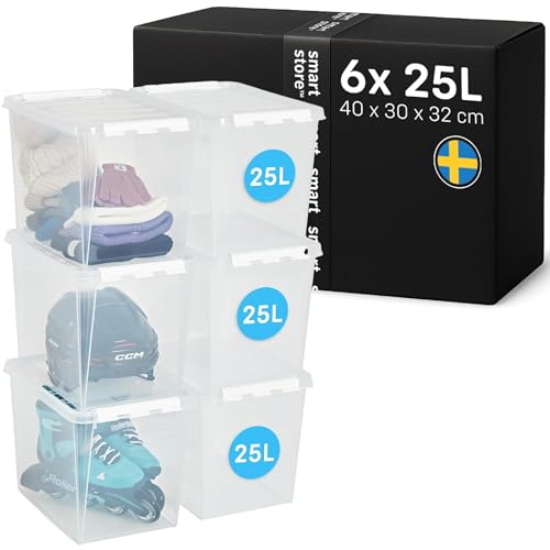 SmartStore Storage Boxes with Lids - 6x large 25L box - 40x30x32cm - Stackable plastic storage box with lid for garage & loft - big clear food-safe plastic boxes for shelves - crates, tubs, bins