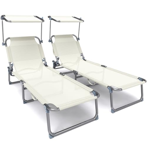 VOUNOT® Folding Sun Loungers Set of 2, Textilene Reclining Sunbed with Adjustable Backrest & Sunshade for Garden, Beach, Patio, Pool, Camp, Load 110 kg, Beige