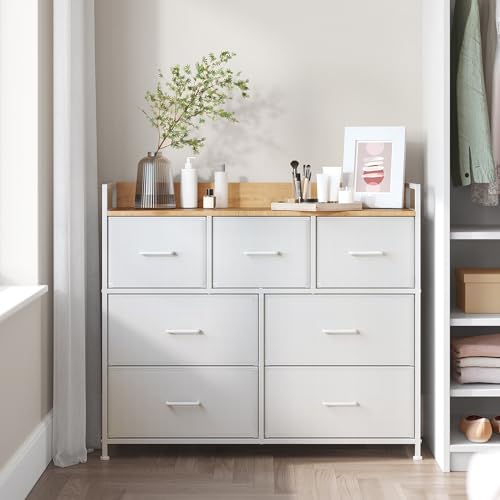 SONGMICS Chest of Drawers, Bedroom Cabinet, 7 Fabric Drawers with Handles, Metal Frame, Cloud White and Oak Beige LTS523W57
