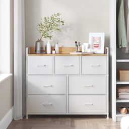 SONGMICS Chest of Drawers, Bedroom Cabinet, 7 Fabric Drawers with Handles, Metal Frame, Cloud White and Oak Beige LTS523W57
