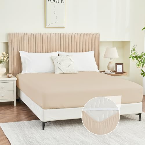 Yuurom Full Fitted Sheet Only, Corner Straps Ultra Soft Brushed Microfiber Hotel Quality Bottom Sheet, Deep Pocket Fits 8-14 inches Mattresses, Luxury Durable Sheets for Full Size Bed, Taupe