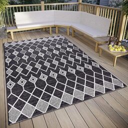 ELLE Decoration Pitu Indoor & Outdoor Rug - Outdoor Rug Macrame Boho Ethnic Pattern Flat Weave Weatherproof Outdoor Rug for Living Room, Hallway, Balcony, Patio, Garden - Black Cream, 130 x 190 cm