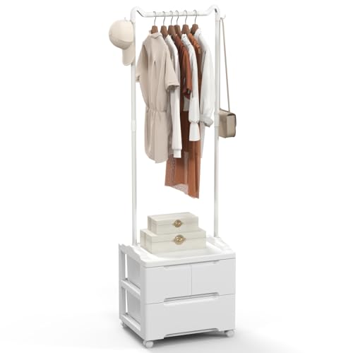 FANTASK 3 Drawer Freestanding Clothes Hanger with Side Hooks and Clothes Rail Metal Clothes Rail for Bedroom Living Room 46 x 38 x 157 cm (White)