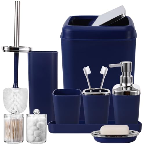 Bathroom Accessories Set 9-Piece Plastic Gift Set with Trash Can, Toothbrush Holder, Toothbrush Cup, Soap Dispenser, Soap Dish, Toilet Brush Holder, 2 Qtip Holder Dispensers and Tray (Navy Blue)