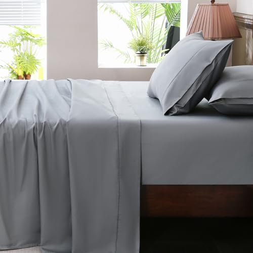 Overket Extra Deep Pocket California King Sheets 18-24 Inch 100% Egyptian Cotton 1000 Thread Count Sateen Weave Soft Breathable 4 Pieces???Cal King,Grey???