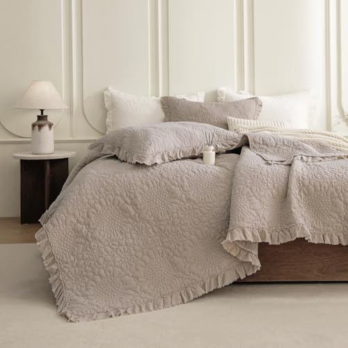"QSH 3PCs Stonewashed Cotton Quilt Queen Size (90""x98""),Linen Feel Ruffled Quilt Set,Ultra Soft Lightweight Crinkled Bedspread Coverlet Queen Shabby Farmhouse Chic Bedspreads Set with Pillow Shams"