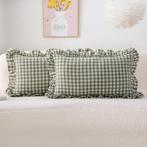 K MASANIJI 2 Pack Sage Green Plaid Ruffle Lumbar Pillow Shams 12x20 inches, Washed Cotton Gingham Checkered Farmhouse Zipper Closure Pillow Covers for Bed/Sofa (Lumbar, Sage Green/White Plaid)