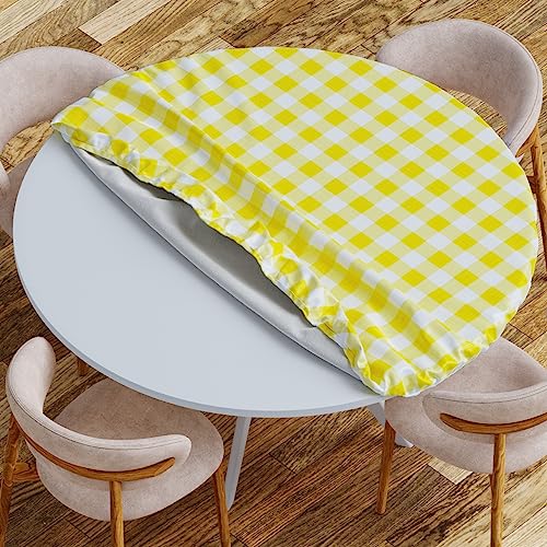 Sorfey Vinyl Round Fitted Tablecloth Cover, Checkered Design, Flannel Backed Lining 30 Inch, Yellow