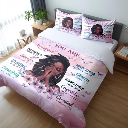 TRENDYNEST Kids Comforter Sets Queen Size, Prayer Girl and African American Girl Inspirational Quotes with Floral Butterfly, Teens Bedding Sets for Girls Women (Queen, Pink White)