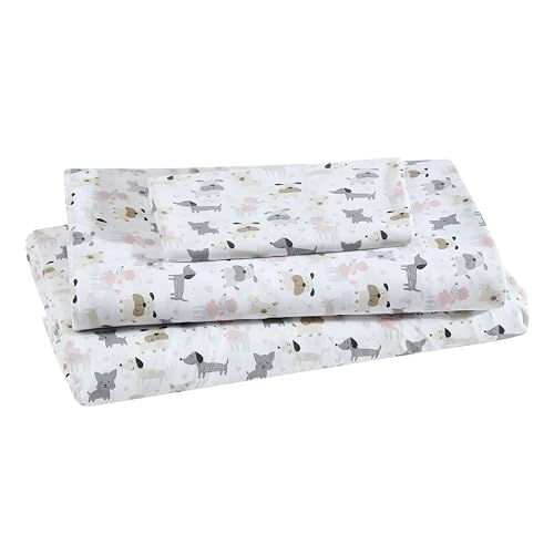 "Beatrice Home Fashions Printed Microfiber Sheet Set, Soft Comfortable Easy Care, Includes 1 Fitted Sheet with 12"" Deep Pockets, 1 Flat Sheet, Pillowcase, Twin, White Puppy Love"