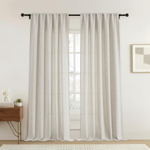 OVZME Extra Wide Natural Curtains 84 Inches Long 2 Panels Set, Faux Linen Modern Farmhouse Light Filtering Window Drapes, Rustic Textured Rod Pocket Curtains for Living Room Bedroom, 2x52Wx84L Inches