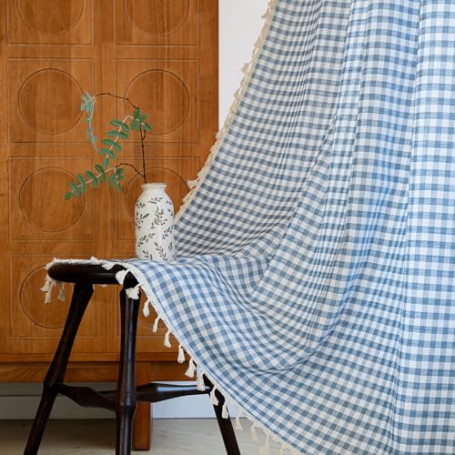 ENJOYBRIDAL Sky Blue Plaid 96 Inch Long Curtains Semi Sheer Farmhouse Drapes Living Room Boho Gingham Rod Pocket Window Curtain Panels for Bedroom 2 Panels Tassel Rustic Window Treatments