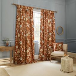 Sanderson Porcelain Garden Room Darkening Pencil Pleat Curtain Pair – Chenille Peony Bird Lined Drapes (Rust - 168x137cm)