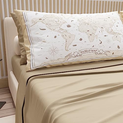 PETTI Artigiani Italiani - Cotton Sheets with Pillowcases in Digital Print, for Double Bed, Complete Top and Bottom Sheet with Corners, Taupe, 100% Made in Italy