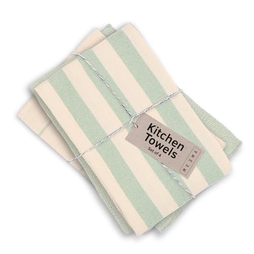 MEEMA Kitchen Towels and Dishcloths Sets of 4 - Large 18 x 28 Inch - Upcycled Cotton Tea Towel - Super Absorbent Cotton Dish Towels for Kitchen - Sage Green Stripes - Hand Towels