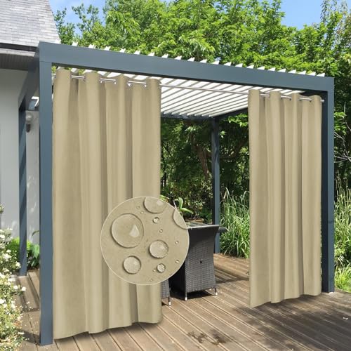 Easy-Going 100% Waterproof Outdoor Curtains Windproof Weatherproof Porch Curtains, Premium Thick Outdoor Privacy Grommet Top Panels for Patio, Gazebo and Pergola, 2 Panels, 54x120 inch, Khaki