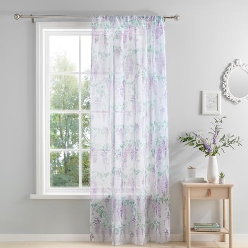 Dreams & Drapes - Purple Wisteria Single Net Curtain for Windows - W55 x L72 (140 x 182cm) - Purple Floral Window Net - White Voile Curtain for Bedroom & Living Room - White Sheer Curtains