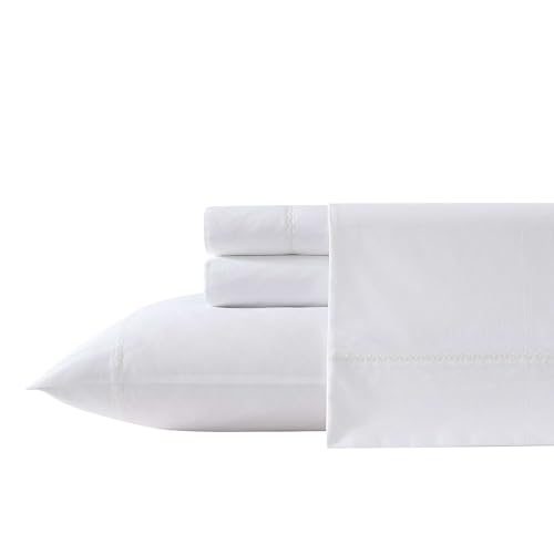 Laura Ashley - Sheet Set, Breathable Cotton Percale Bedding with Matching Pillowcases, Soft Home Decor (Scallop White, King)